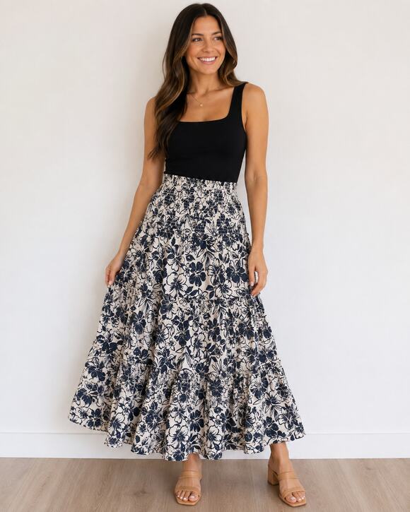American Eagle Dresses & Skirts - American Eagle Boho Floral Smocked Tiered Maxi Skirt Women M Black Cream
